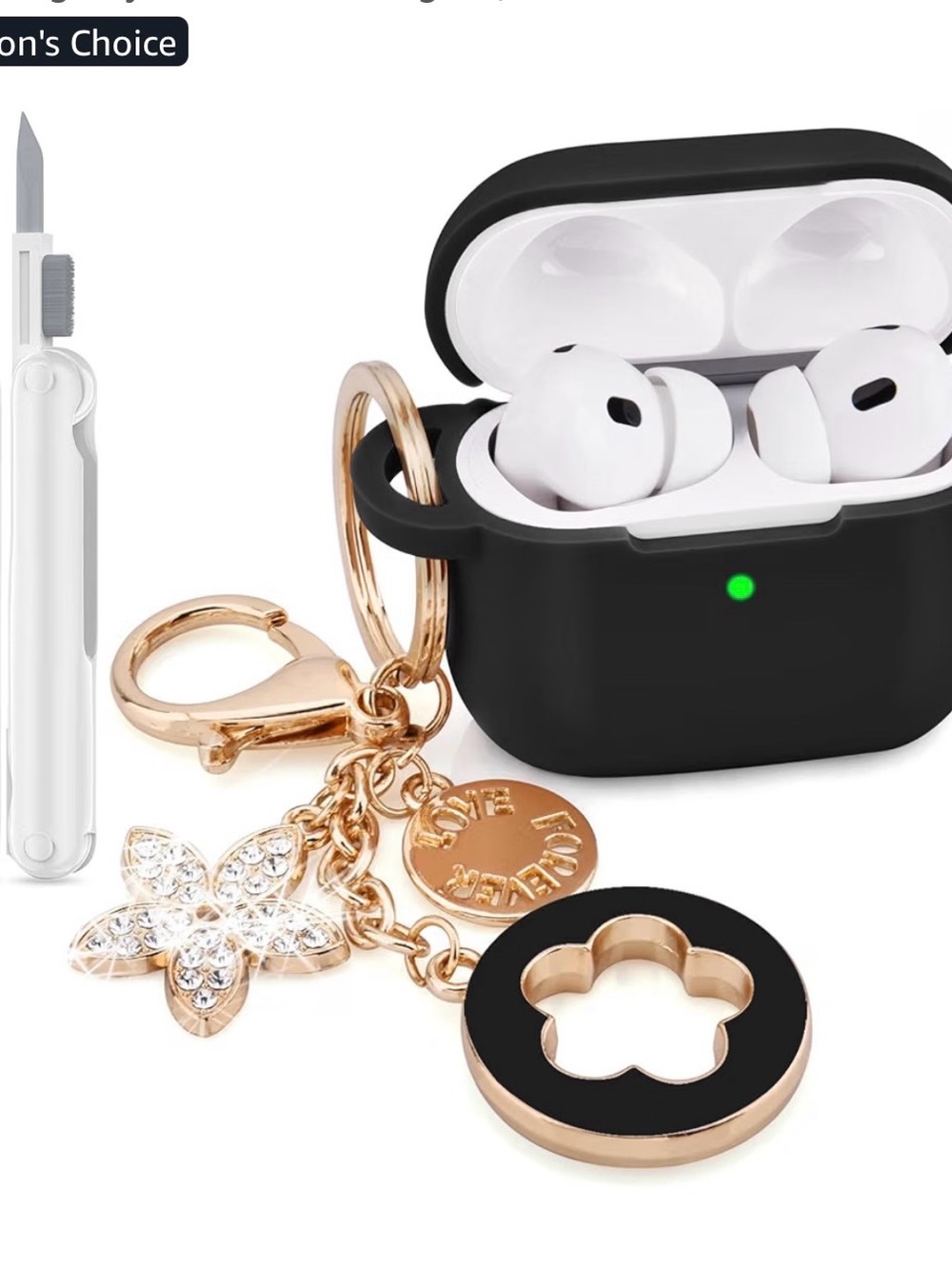 Premium Black Earbuds Charging Case Keychain Cover with Gold Charm